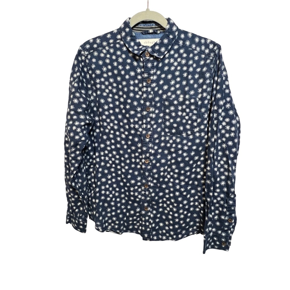 Thought Mens Navy Blue Hemp Organic Cotton Sunburst Print Long Sleeve Shirt S - Picture 12 of 13